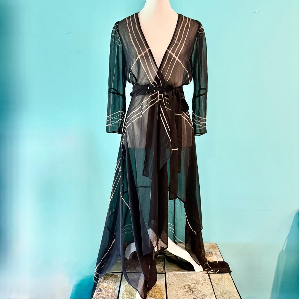 BCBGMaxAzria Classic black sheer white pinstripe dress wraparound